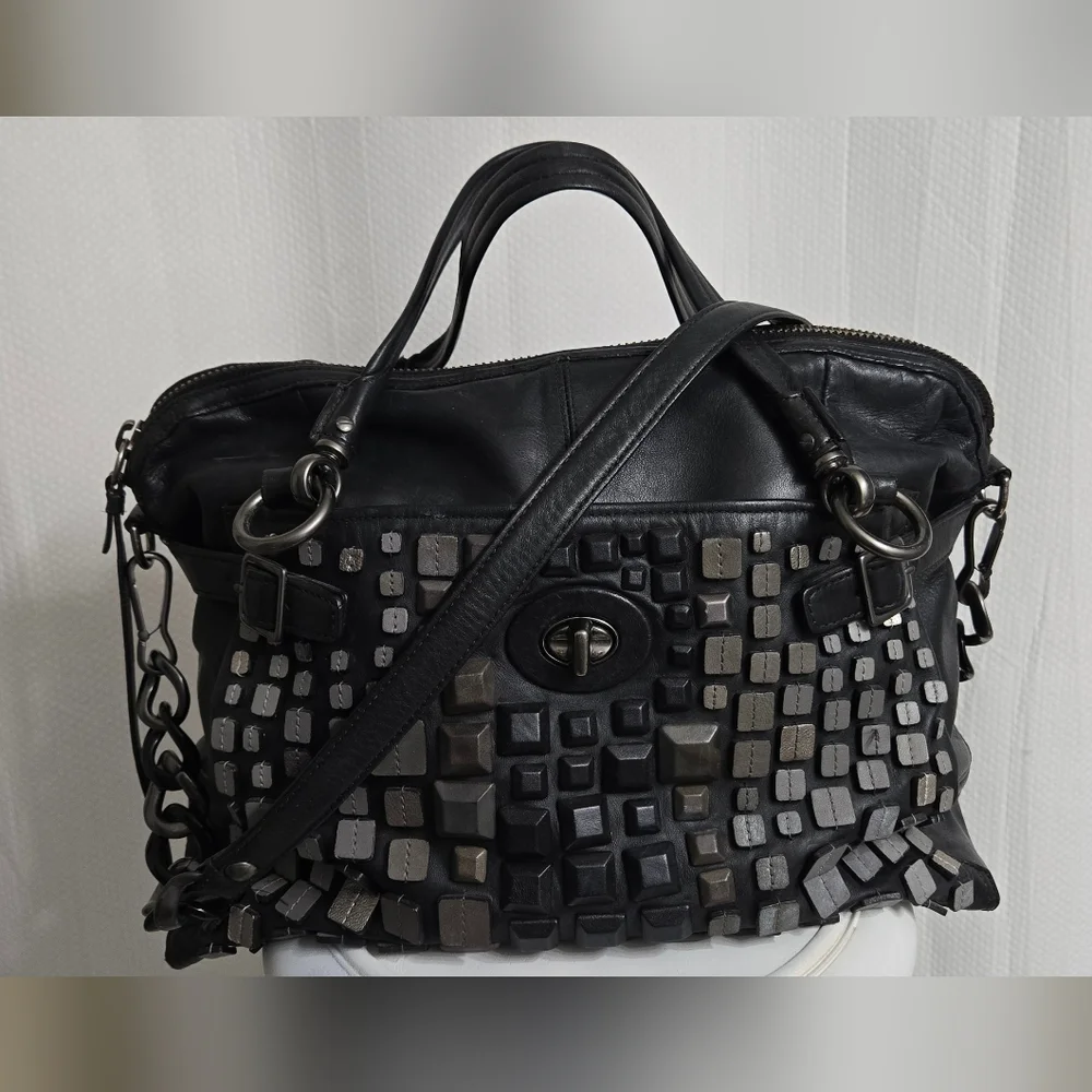 EUC RARE Coach Studded Flagship Leather Ella Black & Gunmetal Satchel - Picture 1 of 16